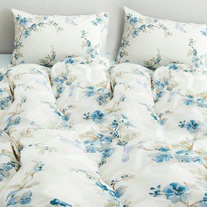Watercolor Tree Blossom and Birds Duvet Cover Set, White/Blue/Tan, Full/Queen